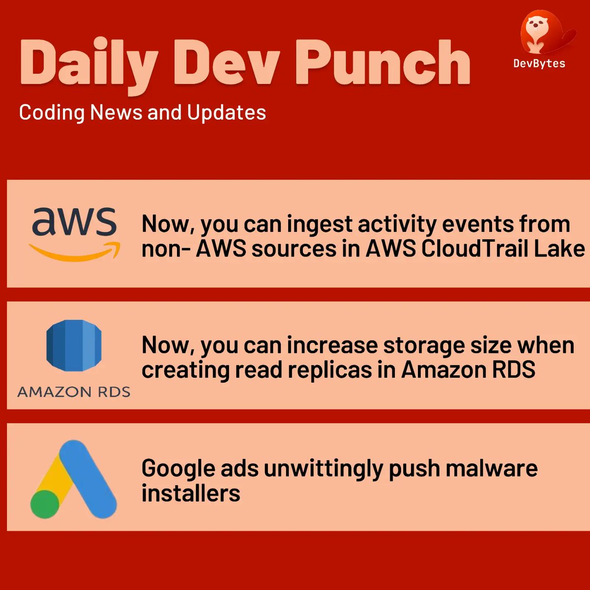 DevBytesApp's tweet image. Today&apos;s tech news &amp;amp; updates

- Now, you can ingest activity events from non- AWS sources in AWS CloudTrail Lake

- Google ads unwittingly push malware installers

Download Devbytes App to for more such tech news and updates Link in bio!
#devbytes #Google #dailynews 
#AWS
