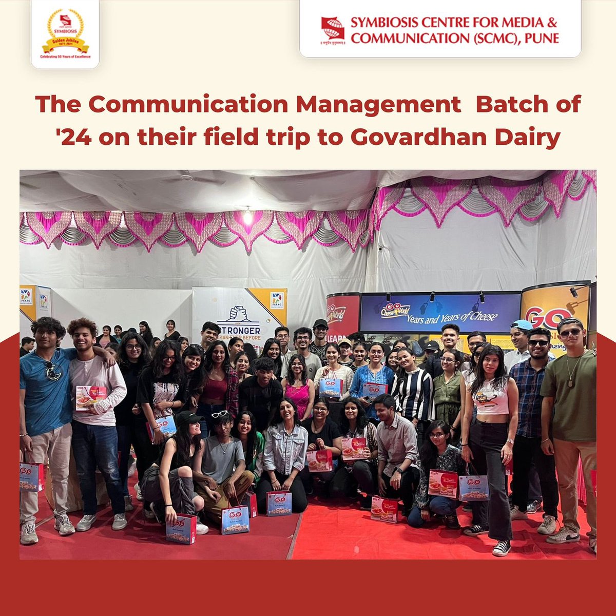 SCMCPune's tweet image. The Communication Management Batch of 2024 recently went to Govardhan Dairy for their field trip.
#mediastudents #govardhandairy #gocheese #studytour #symbiosispune #communicationmanagement