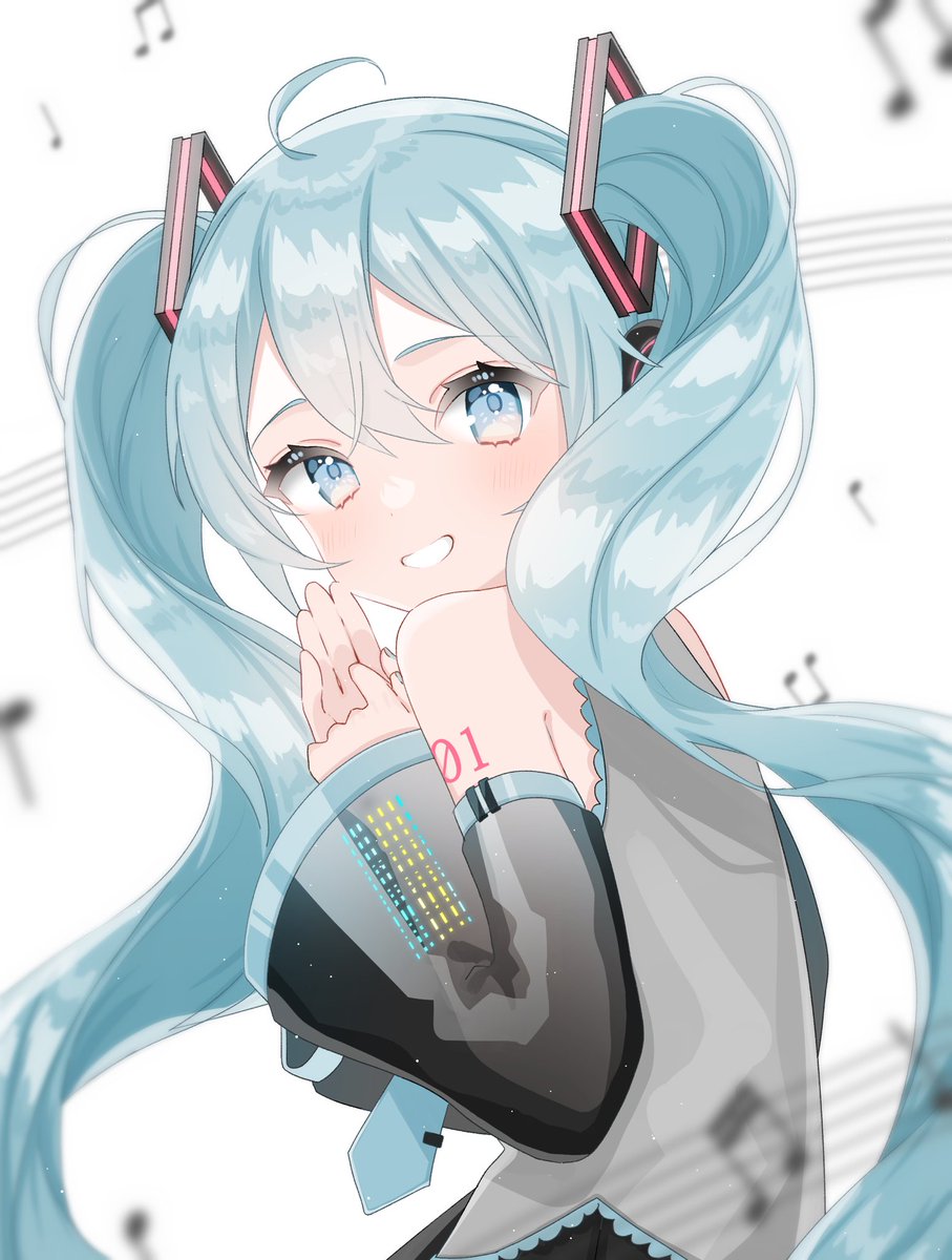 hatsune miku 1girl solo long hair twintails detached sleeves musical note shirt  illustration images