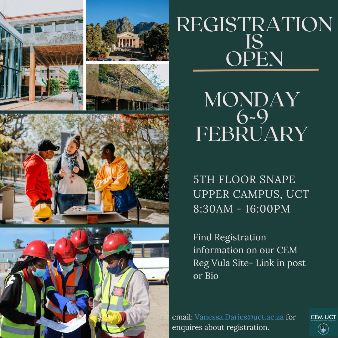 REGISTRATION BEGINS! Monday the 6th of Feb we welcome back our returning students, Reg will run until the 9th of Feb. All returning and transferring students need to visit the CEM REG Vula site before embarking on the online registration. 
#CEM #Reg2023 #Qs #CONMAN #Property