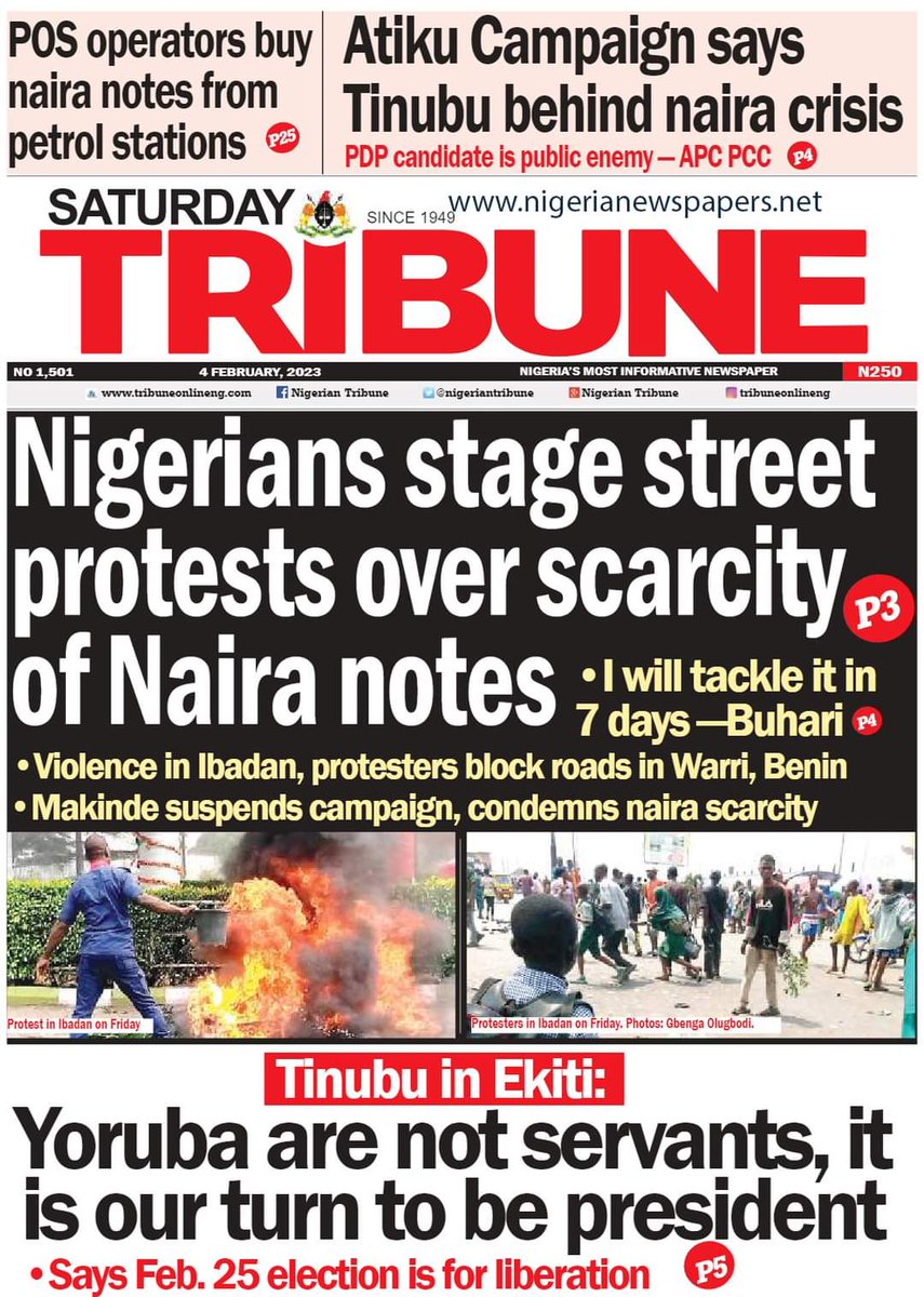 uniquesegun's tweet photo. Today's newspaper Headlines Nigerian Army MC OLUOMO Seyi Makinde Opay Tinubu Obi Hansi Flick Emefiele Seun Femi Fear Buhari Nana Atiku Wike Mourinho Willian Blaqbones Xi Jinping INEC Commander In Chief El Rufai #FreeKingFriday Qur'an Retweet like follow ifb https://t.co/g9SKwkNICn