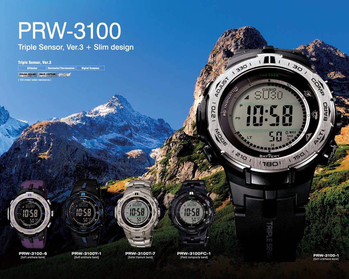 javyscasio's tweet photo. The PRW-3100 watch with its flat bezel, presenting a slim design that comfortably fits the wrists of men and women alike. 

#javys #protrek #outdoor #trekking #TripleSensor #SlimDesign #Solar #WaveCeptor #titanium #登山錶
#冒險者 #電波錶 #PRW31001 #PRW31006 #PRW3100Y1 #PRW3100T7 https://t.co/N4Q5ENCgOj