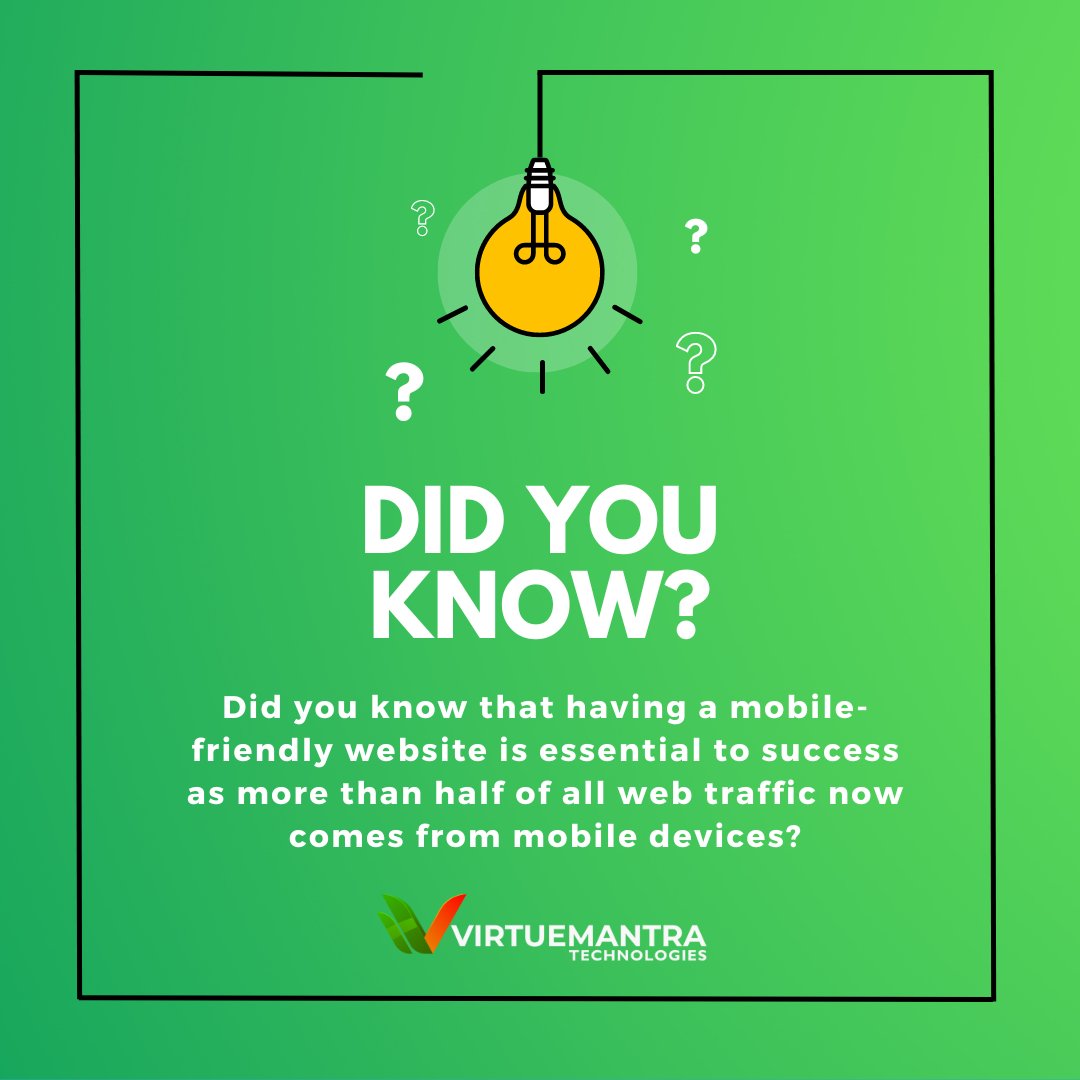 virtuemantra's tweet image. #DidYouKnow that having a mobile-friendly website is essential to success as more than half of all web traffic now comes from mobile devices?

#websitefacts #webdesignfacts #businessowner #entrepreneur #digitalmarketing #marketing #socialmediamarketing #developer #programmer