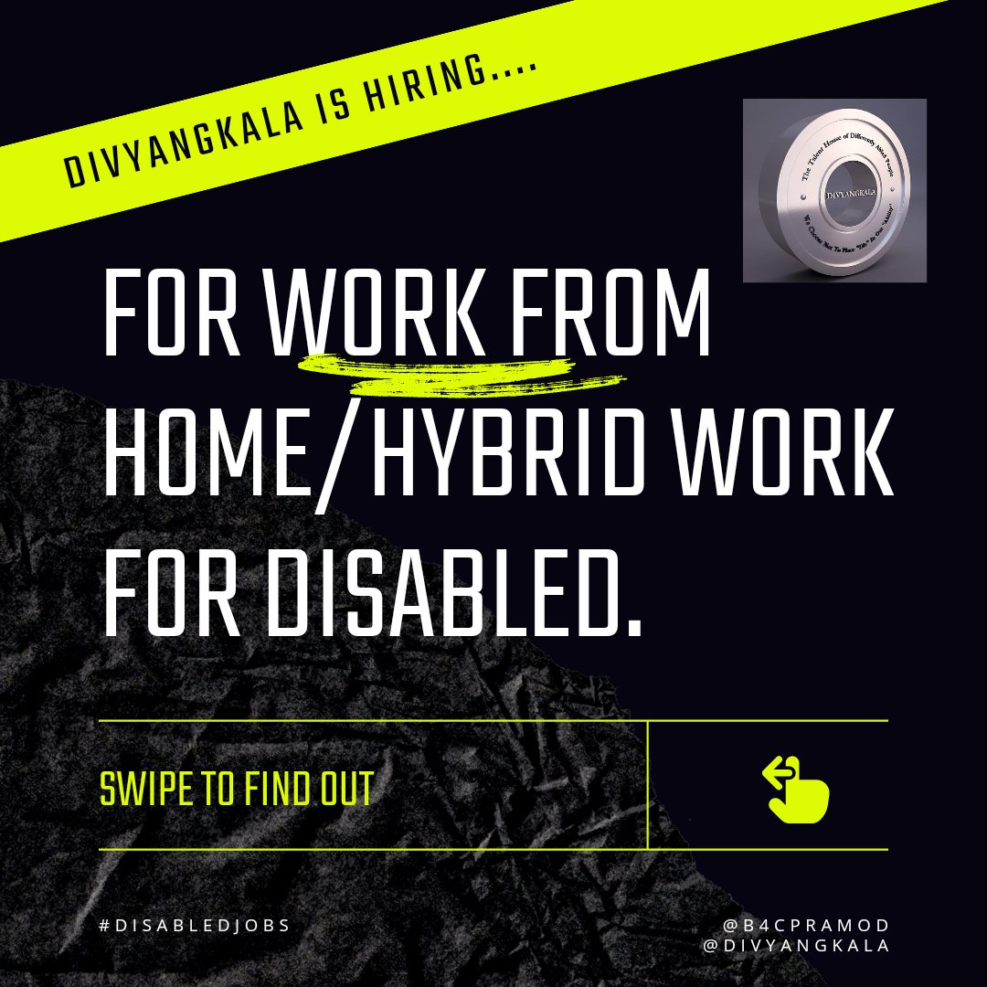 divyangkala's tweet photo. @divyangkala is introducting work from home for disabled people we have various openings if anyone is interested please visit our website https://t.co/fMNGnJFT5g
Register with us to support you 
#b4cpramod #divyangkala #Jobs #Jobseeker #India #DisabledJobs #PWDJobs #WorkFromHome https://t.co/a2LwRsd61w