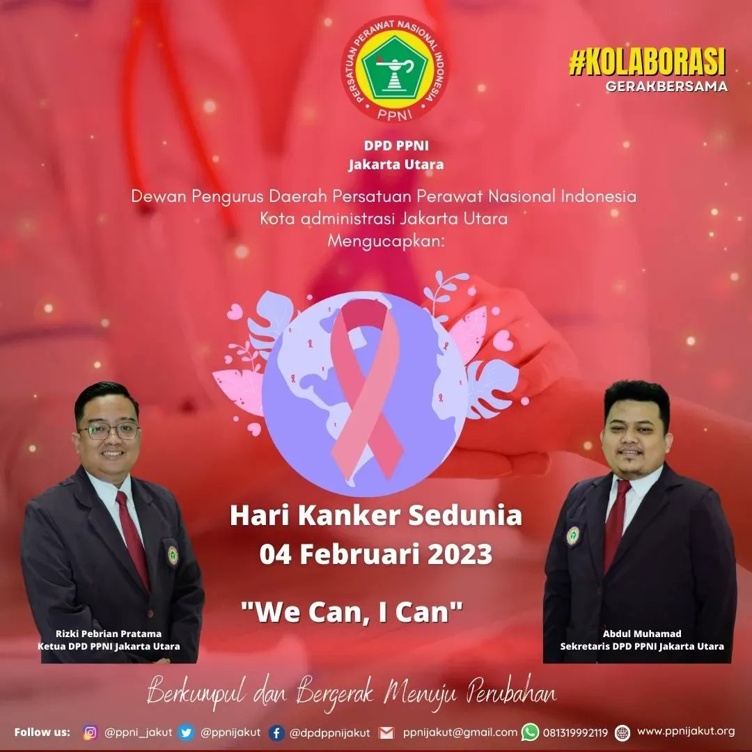 ppnijakut's tweet photo. DPD PPNI Jakarta Utara Mengucapkan:

Selamat Hari Kanker Sedunia

04 Februari 2023

Mari sejawat perawat kita dukung para pejuang kanker untuk berjuang melawan kanker tidak hanya untuk bertahan hidup akan tetapi juga untuk bisa menikmati hidup yang sehat dan indah lagi. https://t.co/cXIEcB3Lm3