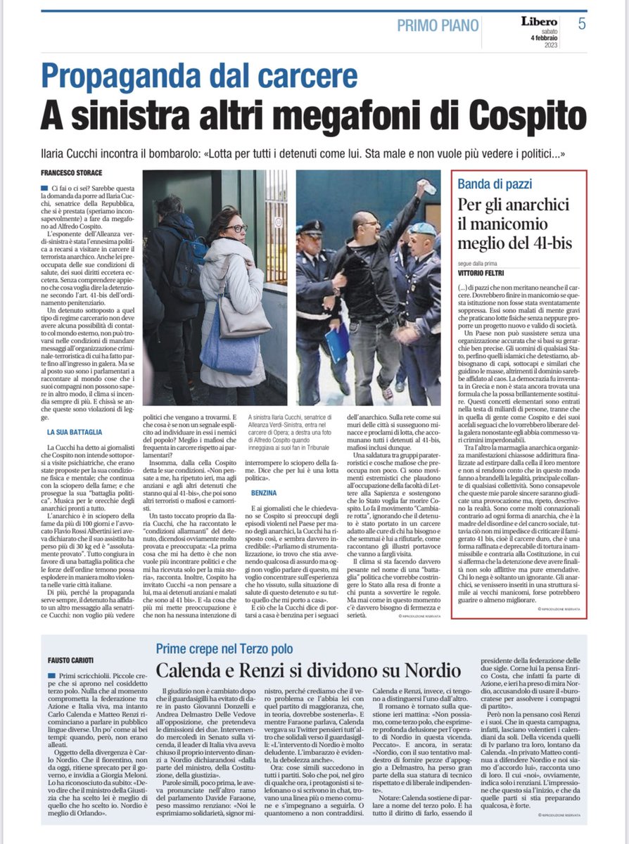 Storace's tweet photo. Da #Libero in #edicola: ma #IlariaCucchi rispetta la legge quando diffonde i messaggi di #Cospito? https://t.co/YXwoX7L3BH