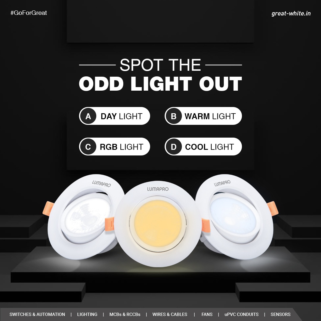 GreatWhiteIndia's tweet image. Spot the incorrect light shade from GreatWhite 3-in-1 LED COB lights and comment with your answer👇🏼

#GreatWhiteElectricals #LEDLightingSolutions #LEDLighting #LEDCobLight #COBLight #ledlightingproducts #lighting #lightingproducts