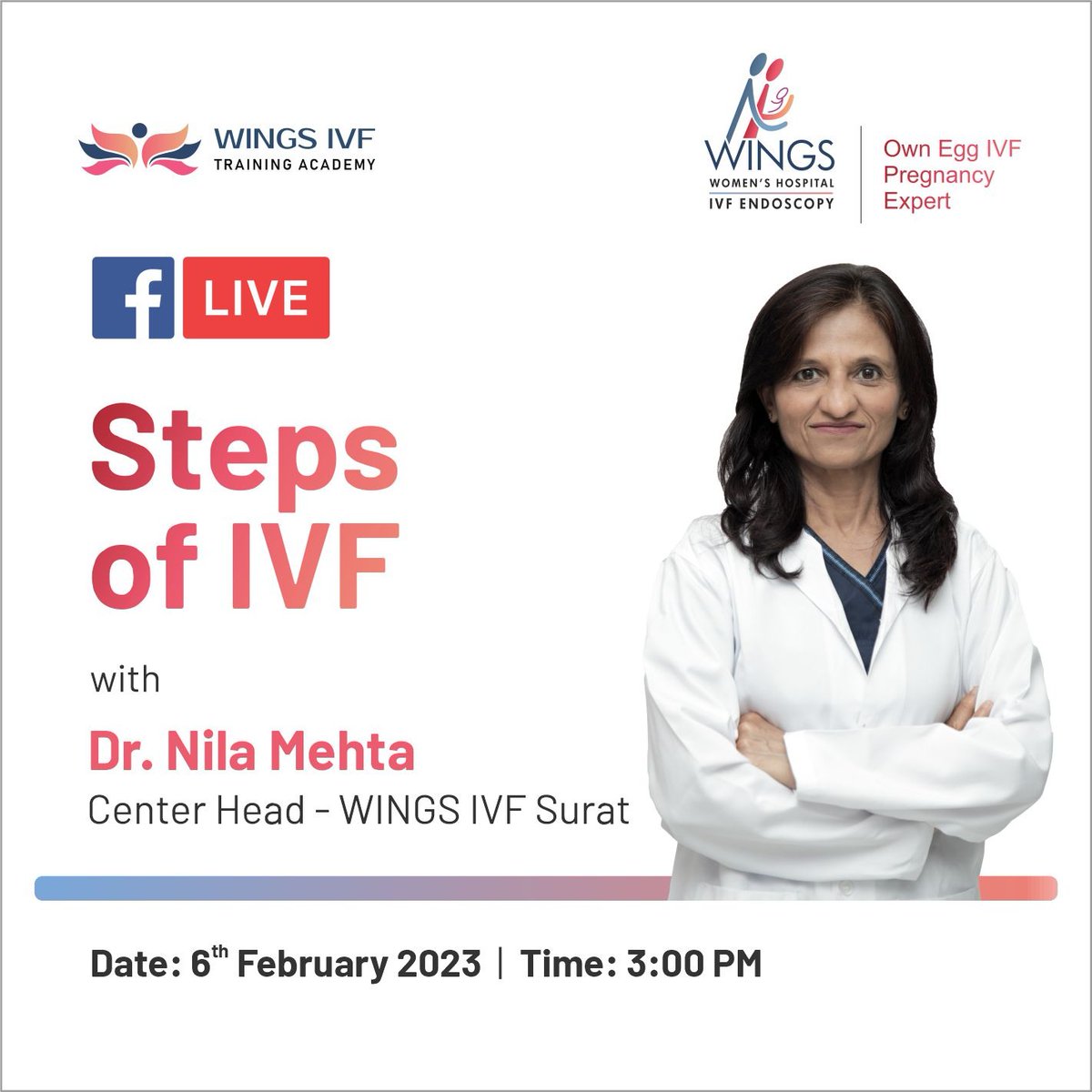 HospitalWINGS's tweet photo. Join the Facebook Live Chat to know more about the Steps of IVF with Dr. Nila Mehta, Center Head - WINGS IVF Surat. Stay tuned to our Facebook page on 6th February 2023 at 3 PM.
#WINGSIVF #IVF #Infertility #FacebookLive #LiveChat https://t.co/cbEZAgjAMO