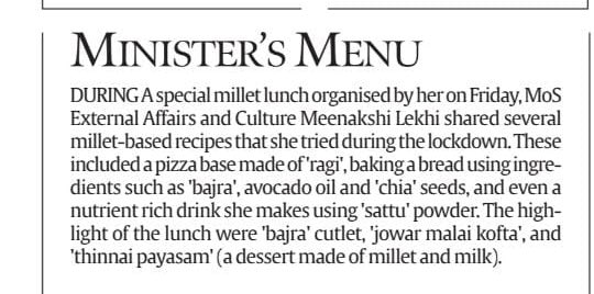 #InternationalYearOfMillets2023 
Yesterday, A special millet lunch organised by MoS @M_Lekhi ji