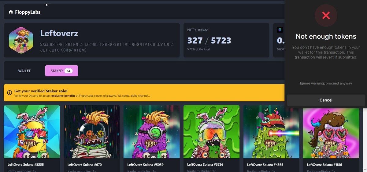 Chris_NFToken's tweet photo. I am staking 14 #leftoverz and now I wanted to claim my rewards for the 1st time and its ofc not working...
What is the specialty this time? Btw I paid +0.5sol to get those 14 staked, like the reward of staking for 4 months lol
@LeftOverzNFT https://t.co/EsxEGou4r7