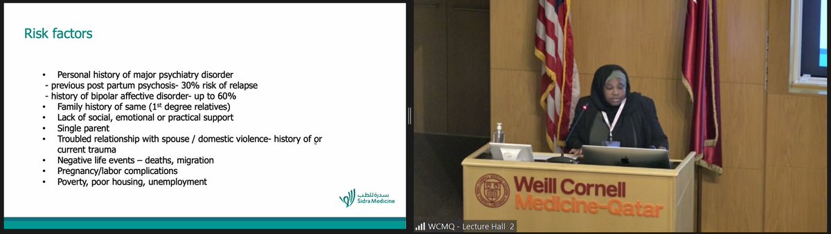 cpd_wcmq's tweet image. Welcome to Day 2 of our &quot;Peripartum Depression, Anxiety and Psychosis: An Outlook on Diagnosis and Management&quot; at @WCMQatar. The first session on &quot;Postpartum Psychosis: Presentation and Management&quot; by Dr Zainab Imam from @Sidra. #PeripartumDepression #Anxiety #Psychosis