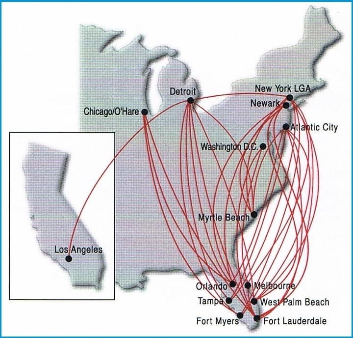 n194at's tweet image. Spirit Airlines (NK) November 10, 2000 route map credit Departed Flights Collection departedflights2.com #AvGeek ✈️
