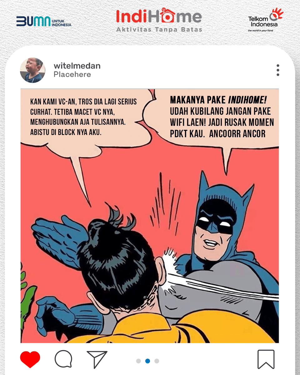 WitelMedan's tweet photo. mulai sekarang dengarin nasehat betmen ya ges ya..
biar ga apes :)
#MemeDC #InternetnyaIndonesia #AktivitasTanpaBatas #IndiHome #MemeIndo #memeindonesia https://t.co/ZFBdpOF3Y6
