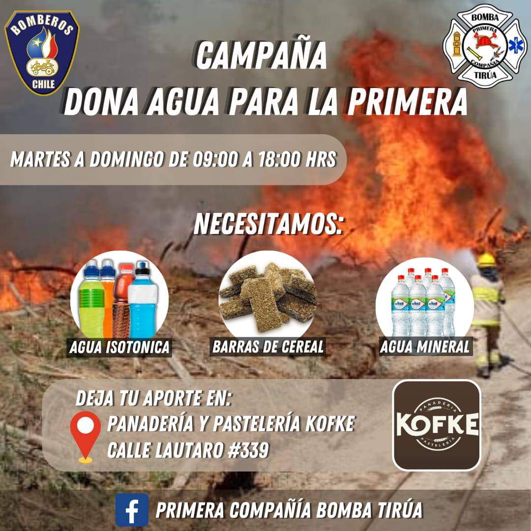 PrimeraTirua's tweet photo. ⚠️Ahora más que nunca necesitamos de tu ayuda⚠️
⭕| Como Primera Compañía del cuerpo de Bomberos Tirúa, estamos en la campaña "DONA AGUA A BOMBEROS"
El Punto de acopio será  en Panadería kofke; de Martes a Domingos en horario de 9 a 18hrs o coordina por nuestras redes sociales. https://t.co/B9gCtDeSXw