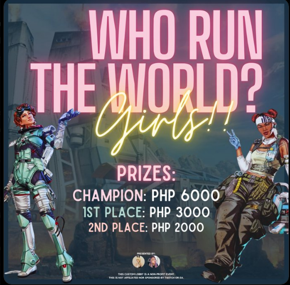 Please support all female players in PH.
I am playing with <a href="/imrrainefall/">rraine☔️</a> and <a href="/saviverse/">Savi *･ﾟ✧</a>  <3 

Watch the tourney here twitch.tv/rrainefall
BTW! there is a giveaway for just watching... <3
apex keychains. ehem!

See you guys!

#ApexLegends #AllFemaleTournament #twitchstreamers