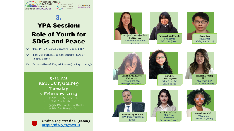 We cordially invite you to register for the YPA session on Youth for SDGs and Peace at #Pyeongchang Odae-san #Peace (POP) Dialogue.

📍9-11 PM, Tuesday, 7 February 2023
📍Register at  bit.ly/3gvsvGB
📍Find more:  POPDialogue.org

<a href="/UNPeacekeeping/">UN Peacekeeping</a> <a href="/UN/">United Nations</a> #SDGs #YOUTH