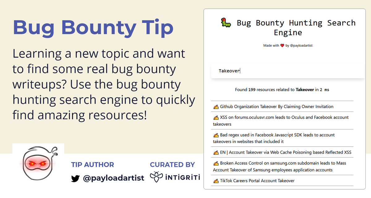 Intigriti (@intigriti) on Twitter photo Learning from others is amazing, but how do you find the content you're looking for?
<a href="/payloadartist/">payloadartist</a> solved that problem by creating the Bug Bounty Hunting Search Engine!
hubs.li/Q01B0C100
#bugbounty #bugbountytips 👇 Learning from others is amazing, but how do you find the content you're looking for?
<a href="/payloadartist/">payloadartist</a> solved that problem by creating the Bug Bounty Hunting Search Engine!
hubs.li/Q01B0C100
#bugbounty #bugbountytips 👇