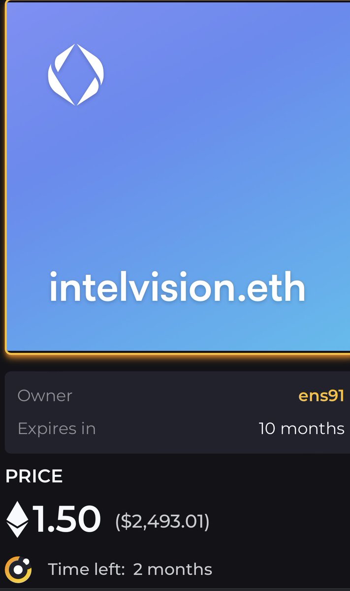 Morning fam ☀️ Selling this beauty for 1.5 Eth! Intelvision.eth (great for business) 🚀 #ens #EnsNames #ENSvision #NFT #Domainname #intel #ETH #Web3
