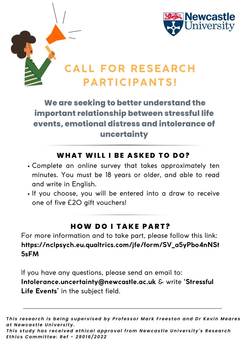 For the second phase of my doctoral research, I'm investigating the relationship between Intolerance of Uncertainty and Stressful Life Events. 

Please share &amp; take part - there's a chance to win a £20 Amazon voucher!😀

Survey link (only takes 10 mins!): nclpsych.eu.qualtrics.com/jfe/form/SV_a5…