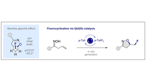 HelvChimActa's tweet photo. Fluorocyclisation of alkenyl oximes to isoxazolines through I(I)/I(III) catalysis by @GilmourLab, @WWU_Muenster #Dunitz_Issue #OpenAccess https://t.co/n6cIinwbjH https://t.co/bvUJuNUYJW