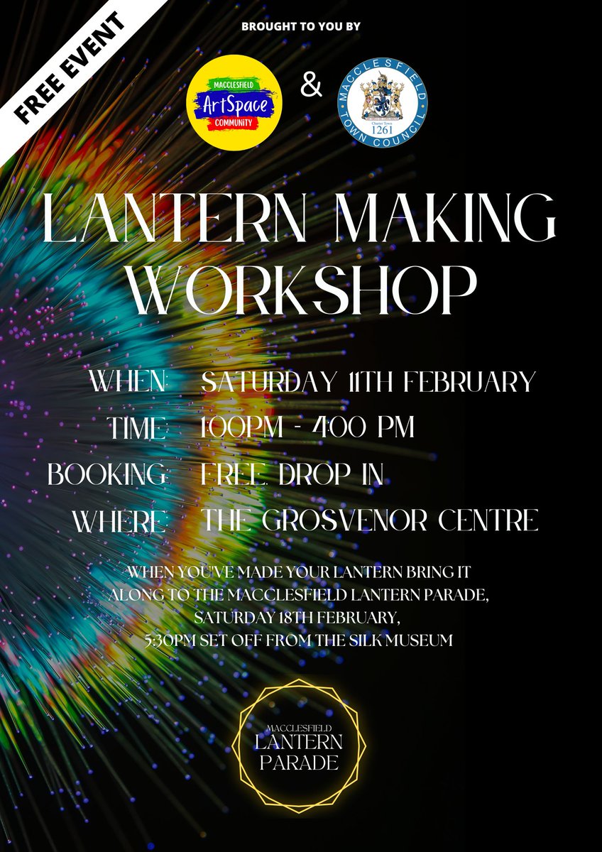GrosvenorMacc's tweet photo. We're Lantern making on Saturday 11th February and we can't wait! 🤩
 
ArtSpace will be hosting a Lantern-making workshop, in preparation for the Macclesfield Lantern Parade on Sat 18 Feb. 🏮

📍Grosvenor Shopping Centre 
📆 Saturday 11th February 
🕐 1pm-4pm https://t.co/XRULn5UKXC