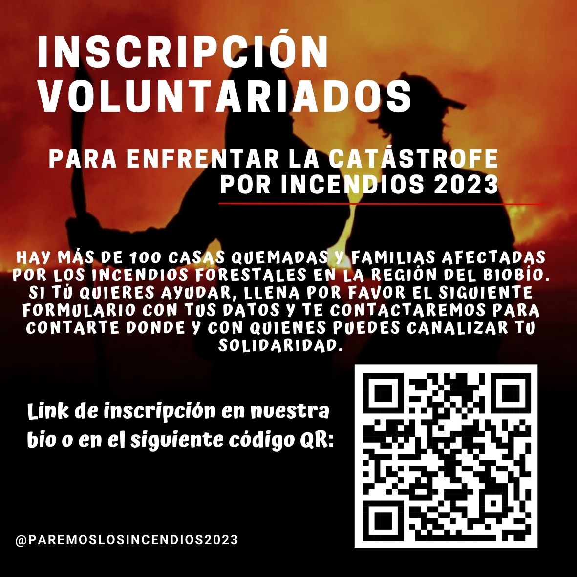 🔴 INSCRIPCIÓN VOLUNTARIADOS PARA ENFRENTAR LA CATÁSTROFE POR INCENDIOS 2023.

➡️ Puede abrir el formulario de inscripción través del código QR o en el siguiente enlace, qie tambien se encuentra en nuestra bio: 
forms.gle/FAy8w7kSiXZGwk…