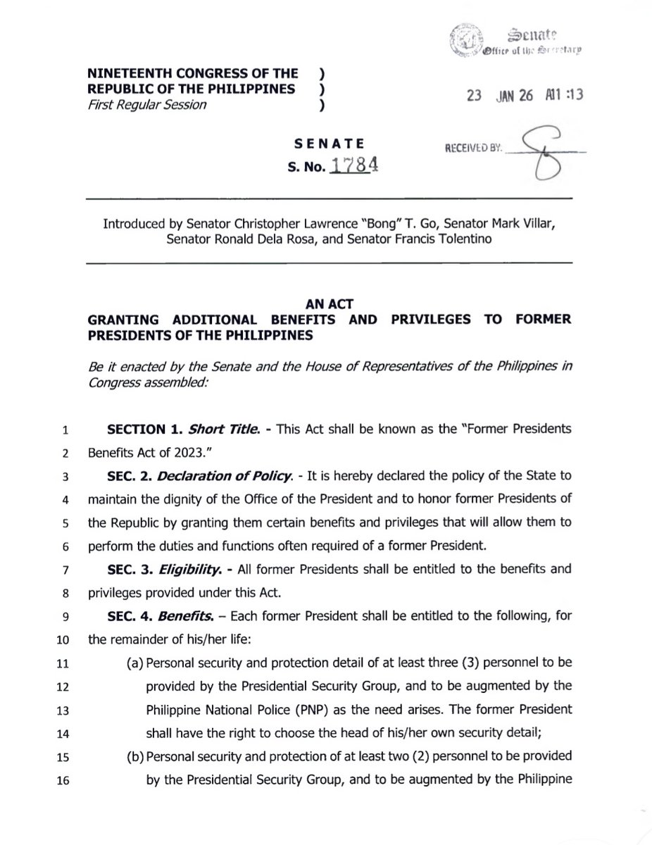 inquirerdotnet's tweet image. READ: Senators Bong Go, Mark Villar, Francis Tolentino, and Bato dela Rosa files a bill proposing to give former Philippine presidents more benefits as they still do &quot;post-presidential duties&quot; such as meeting dignitaries and attending social engagements. | @JMangaluzINQ