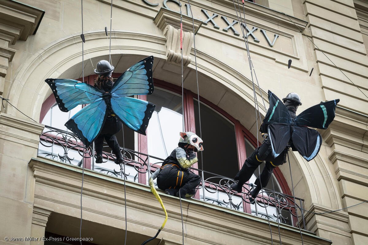 gpsuisse's tweet image. #Climat: Les caisses de pension suisses investissent dans des entreprises qui accroissent la destruction des #forêts tropicales sur la planète. 

C&apos;est pourquoi les militants·es Greenpeace dansent aujourd&apos;hui sur la façade du #PROGR
bit.ly/3DAXTMP

#Pensions4Future
1/5