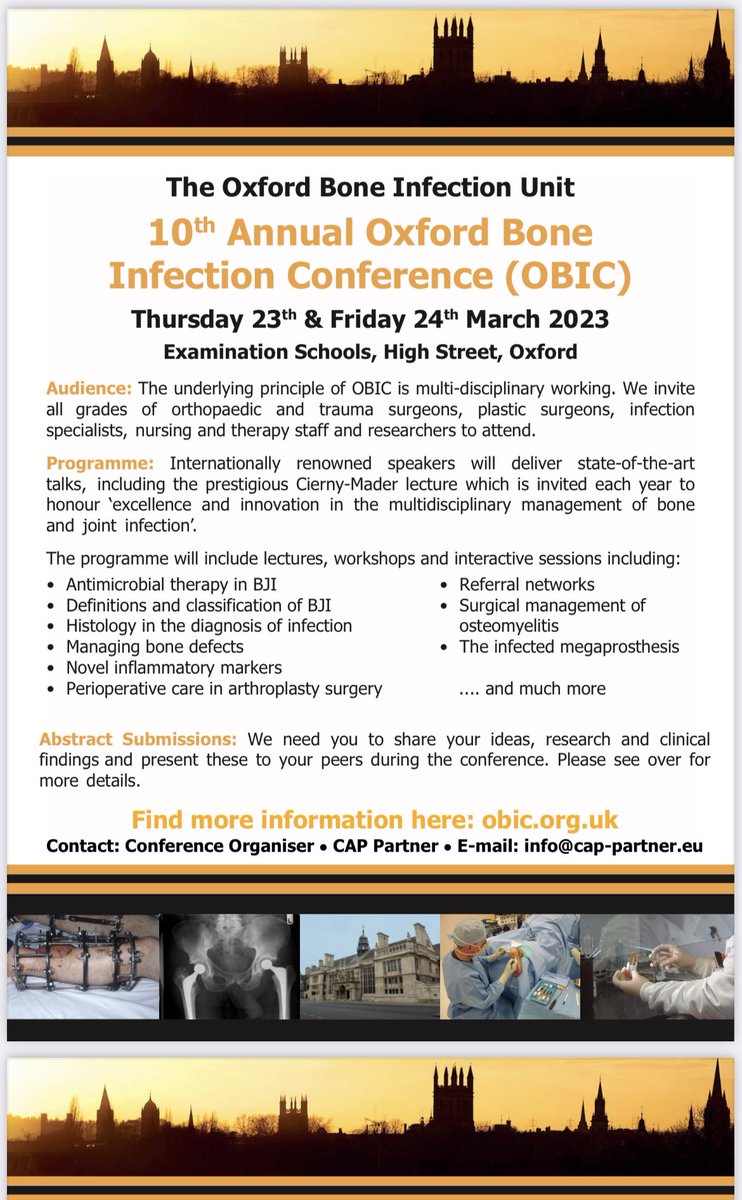 Not long left to get your study leave booked for the Oxford Bone Infection Conference - lots of great talks and breakout sessions as well as high quality papers on everything you need to know about bone and joint infection #OBIC2023