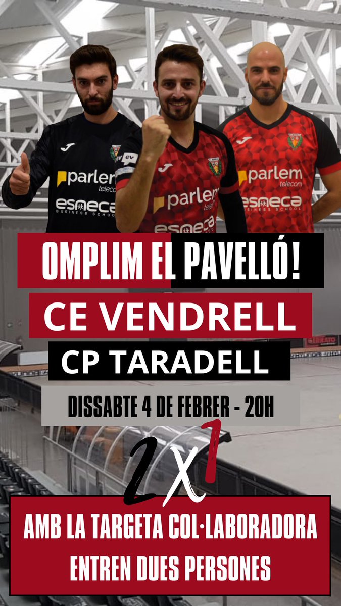 DIA DE PARTIT! 🔴⚫️

Menors de 12 anys: GRATUÏT
2x1: Amb la targeta col•laboradora tindràs una entrada gratuïta! 

L’equip necessita a tota la seva gent!
OMPLIM EL PAVELLÓ‼️🔥