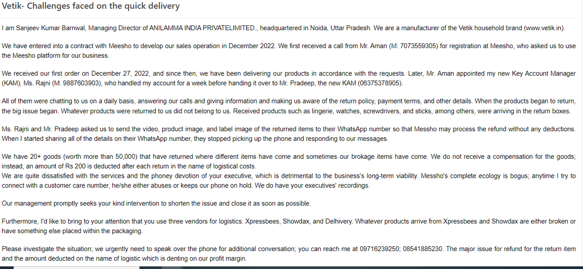 ravishankarbarn's tweet photo. @meesho_support @barnwalSanjeev fraudulent practices run by @Meesho_Official making fool to the suppliers. No reply to emails, no support to suppliers. Need intervention from @consumerforum @jagograhakjago @nch1915 @GoI_MeitY
@PiyushGoyalOffc @PMOIndia to stop malpractice https://t.co/4R38GZh1oL
