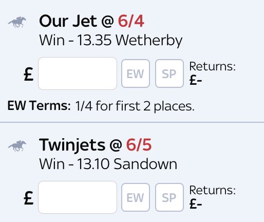COGSWINNERS's tweet photo. This double should #Fly in today!!
#Sandown #Wetherby #Beyonce #FreeMoney #HorseRacing https://t.co/fCSXgSVQ9x
