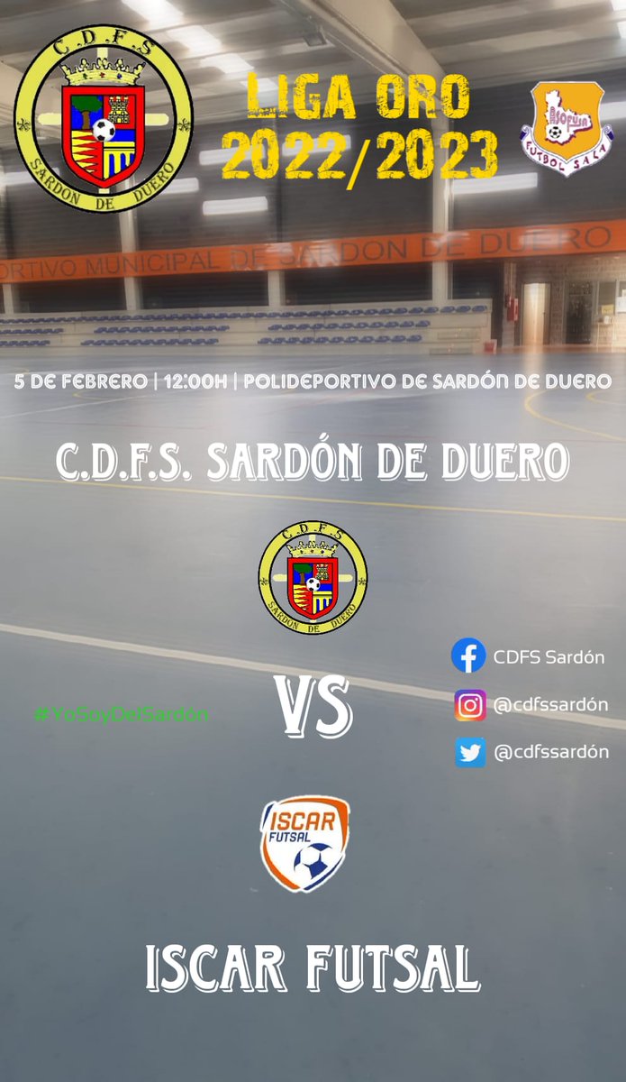 Fin de semana importantisimo para nuestros equipos. 

Hoy Sábado
LIGA BRONCE 
📍Polideportivo Rondilla 
🕕 18:00 Hrs

LIGA ORO 
📍Polideportivo de Sardón 
📆 Domingo 
🕛 12:00 Hrs 

#SardonFutsal #SoyDelSardon #ElEsfuerzoNoSeNegocia #LasGanasTampoco #ConTodo #Juntos 💚💚💚