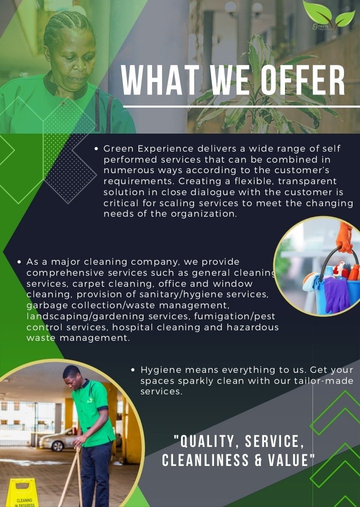 greenXperience_'s tweet photo. Green Experience delivers a wide range of selfperformed services that can be combined innumerous ways according to the customer’srequirements. #experiencedignity💚 #cleaningservices #propertymanagement #Nairobi https://t.co/mMUqynM7Bb
