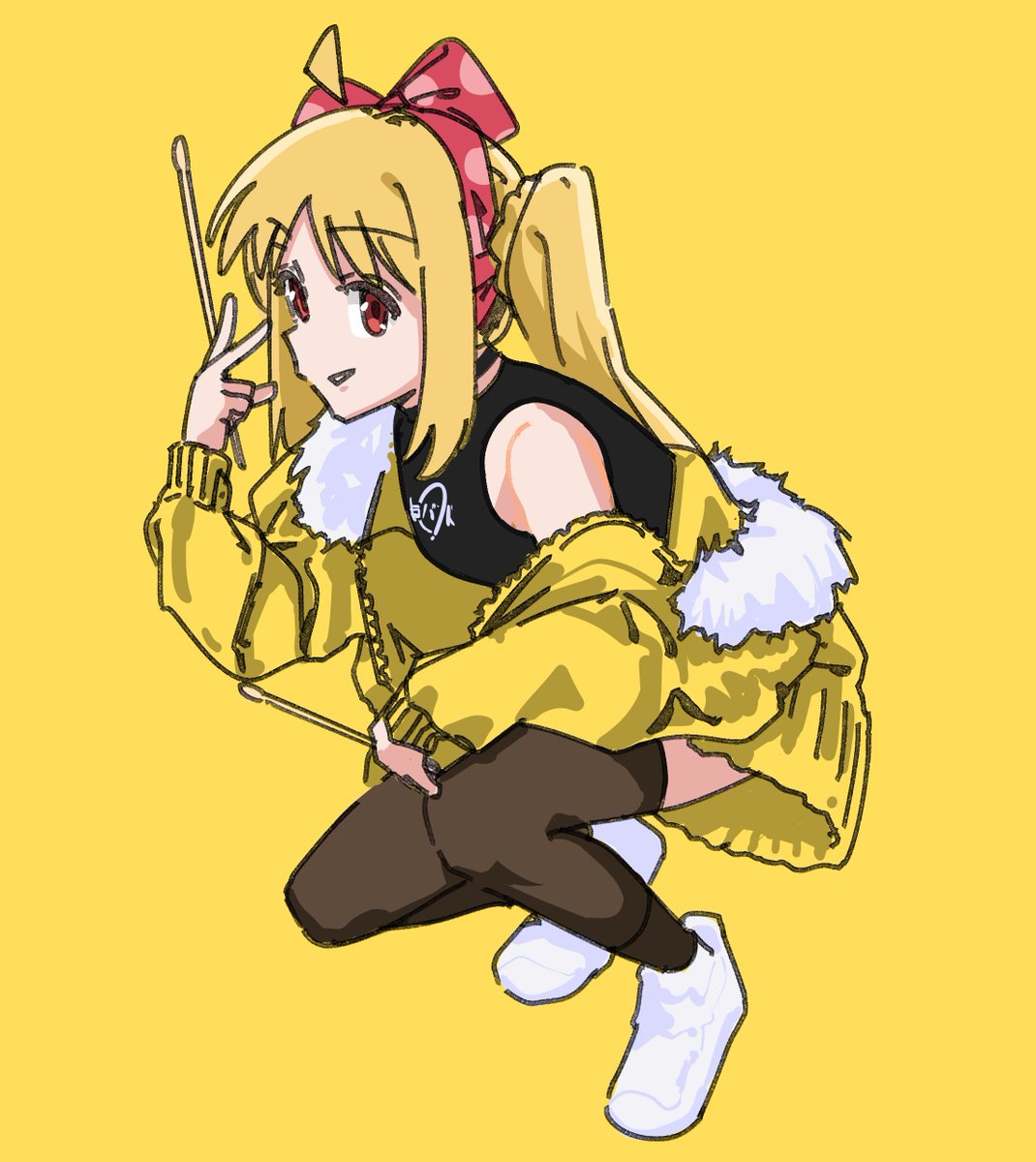 ijichi nijika 1girl solo blonde hair drumsticks jacket red eyes yellow background  illustration images