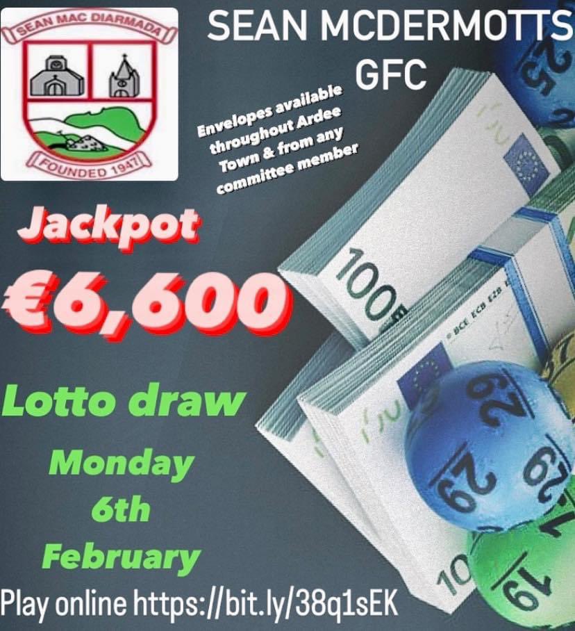 Our lotto draw is Mon 6th Feb 23’

Jackpot is now €6,600💶

Wouldn’t it be nice?🥳

Play lotto online bit.ly/38q1sEK
       (Enter online before 6pm)

€2 or 3 for €5

Envelopes available throughout Ardee Town &amp; from any Committee member

#louthgaa #6thFebruary #lotto