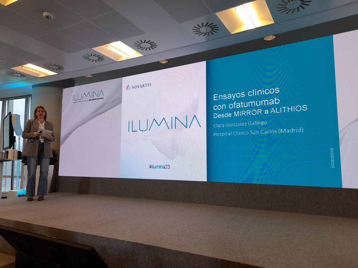 AnaDuroam's tweet photo. #Ilumina23 Clara Glez Gallego enfermera HClinico de Madrid nos actualiza en los ensayos clínicos de #Ofatunumab @Novartis y la experiencia en su Unidad de ensayos @sedenered @miguel_arag @anaiegea @javisantiagoSNC @Aiasantandreu1 @Janigoico https://t.co/VBtvzpjtnx
