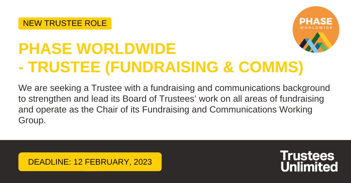 *** NEW TRUSTEE ROLE ***

@PHASEWorldwide is seeking a Trustee with a fundraising and communications background.

Deadline: 12 February

More info: ow.ly/p6om50MHAac

#Leadership #Governance #CharityTrustee #TrusteeRole #Trustee #CharityJob #Volunteer #VolunteerRole