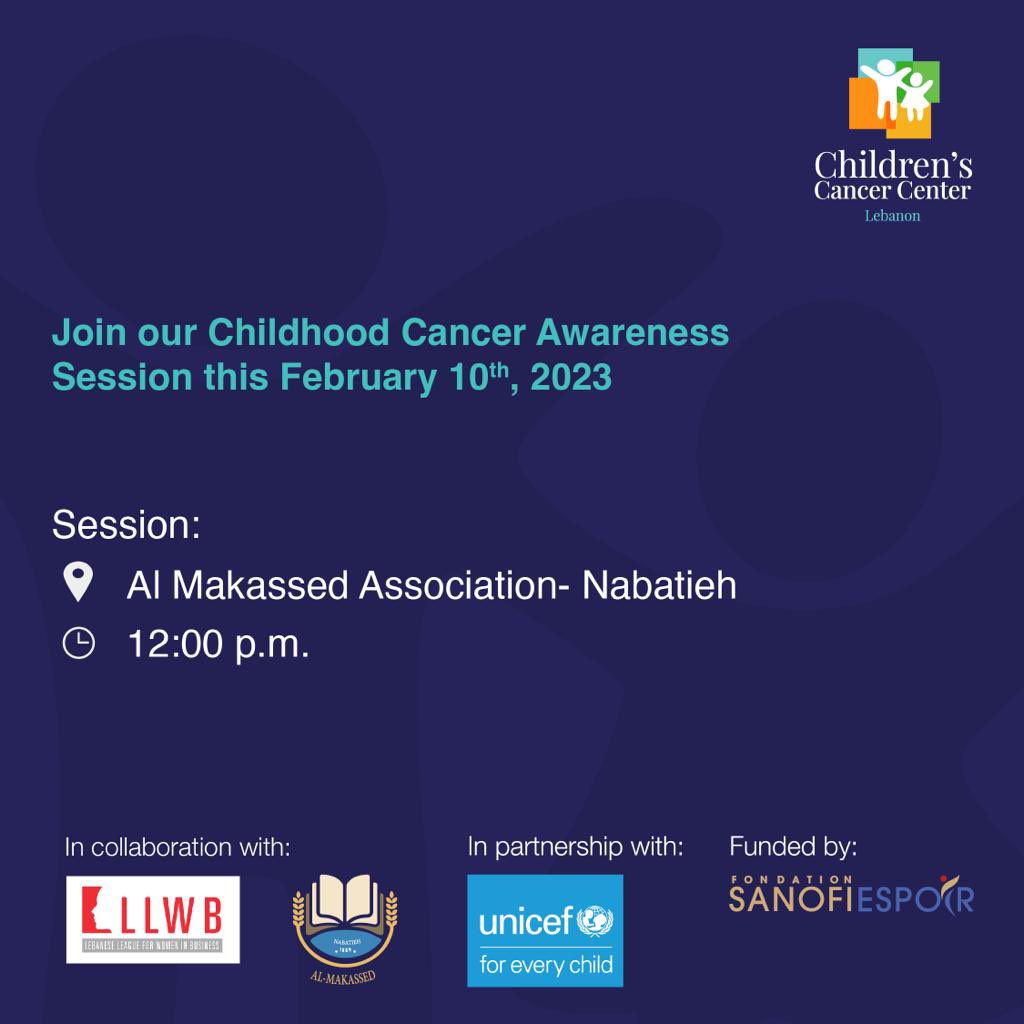 CCCLebanon's tweet image. On the Occasion of #WCD and #ICCD, CCCL is hosting an awareness session at Al Makassed School in Nabatieh on the 10th of February. Join us at 12:00 p.m. to have an open discussion about childhood cancer, its causes, diagnosis, and treatments... and to raise awareness together!