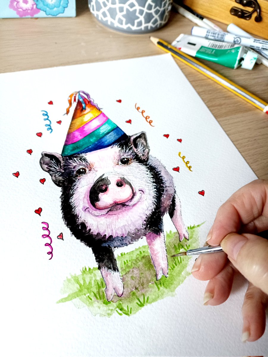 I gave him a party hat!! 
Do you like him.

#pig #watercolourpainting #MHHSBD #shopquirkyhour #CraftBizParty #craftbuzz