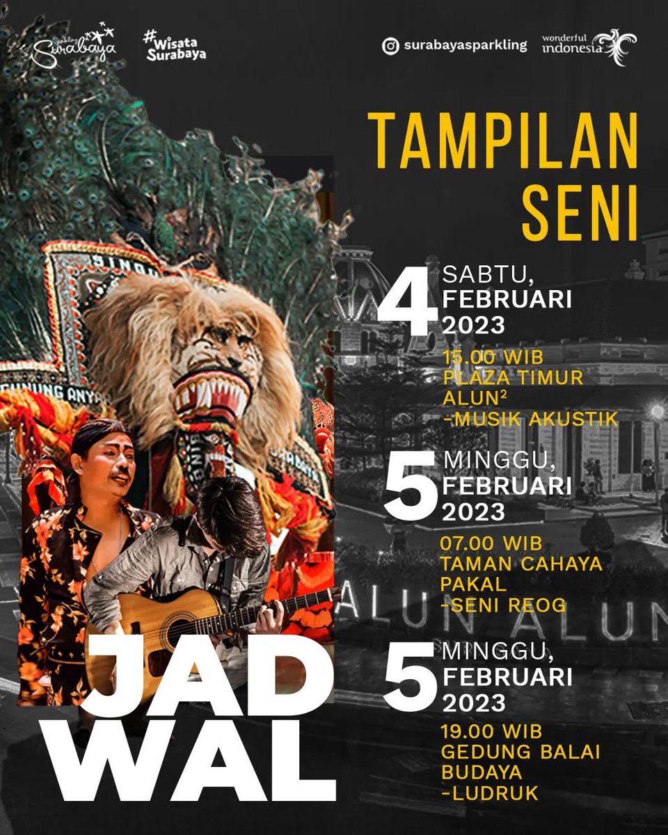 Wekend ini kemana? Yuk ajak keluarga meinikmati aneka penampilan seni yang digelar selama weekend ini. Ada pertunjukan seni apa saja? Simak di poster berikut!

#SparklingSurabaya