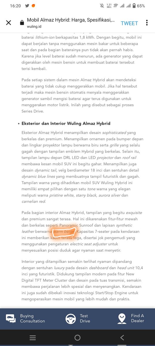 Arul1305's tweet photo. @WulingMotorsID Jawabannya " lapisan synthetic leather berwarna warm beige " #AlmazHybrid https://t.co/15Af2QVu1F