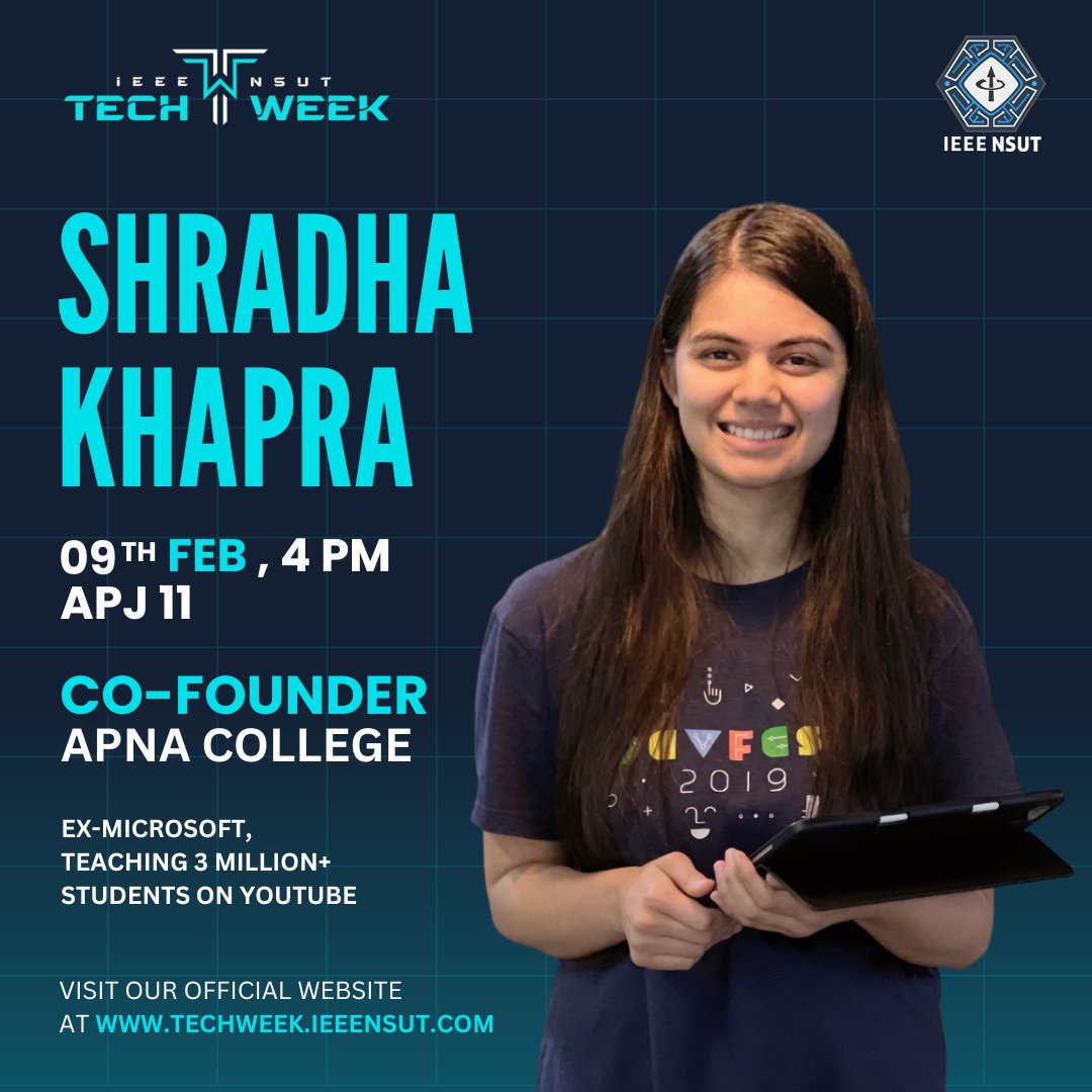 _techweek's tweet photo. (1/4)
"Believe you can and you're halfway there"

Get ready to ignite your career aspirations and reach new heights! Join us as we welcome Shradha Khapra, also known as "Microsoft Wali Didi", the accomplished tech industry expert and *co-founder of Apna College. https://t.co/hvBJswVzum