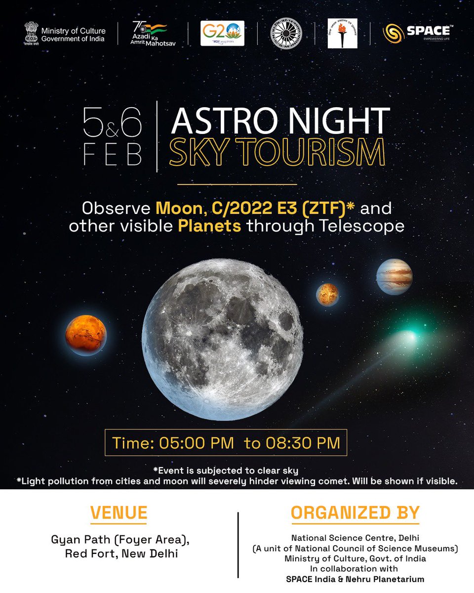 SPACE 🚀is proud to collaborate with the National Science Centre and the Nehru Planetarium, New Delhi for the Astro Night Sky Tourism

#spaceindia #spacegroup #spacesolar #indiagate #delhi #telescopeobservation #space2023 #freeobservation #spaceforall #moon #Saturn