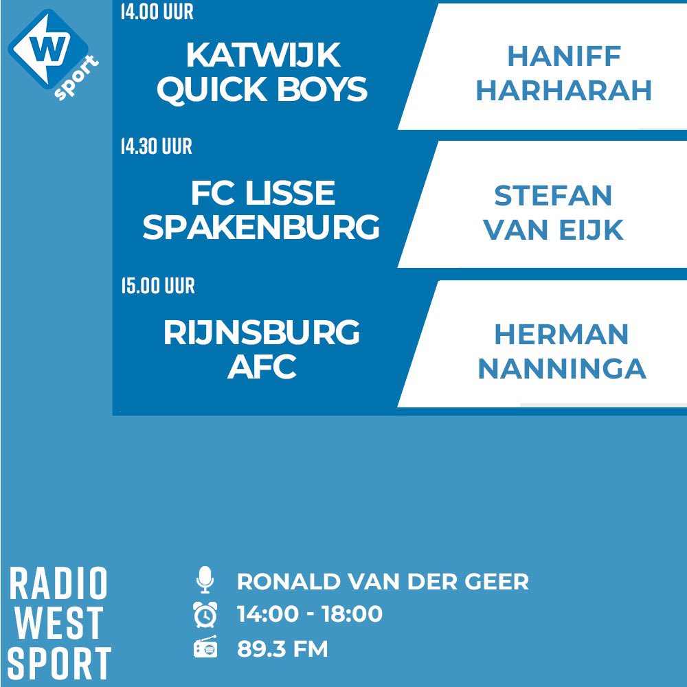 📻  Natuurlijk zijn we vandaag bjj de Katwijkse derby op Radio West. Daarnaast ook aandacht voor een topper in de tweede divisie en FC Lisse dat het opneemt tegen Spakenburg.
Vanaf 14.00 uur genieten van het mooiste amateurvoetbal.