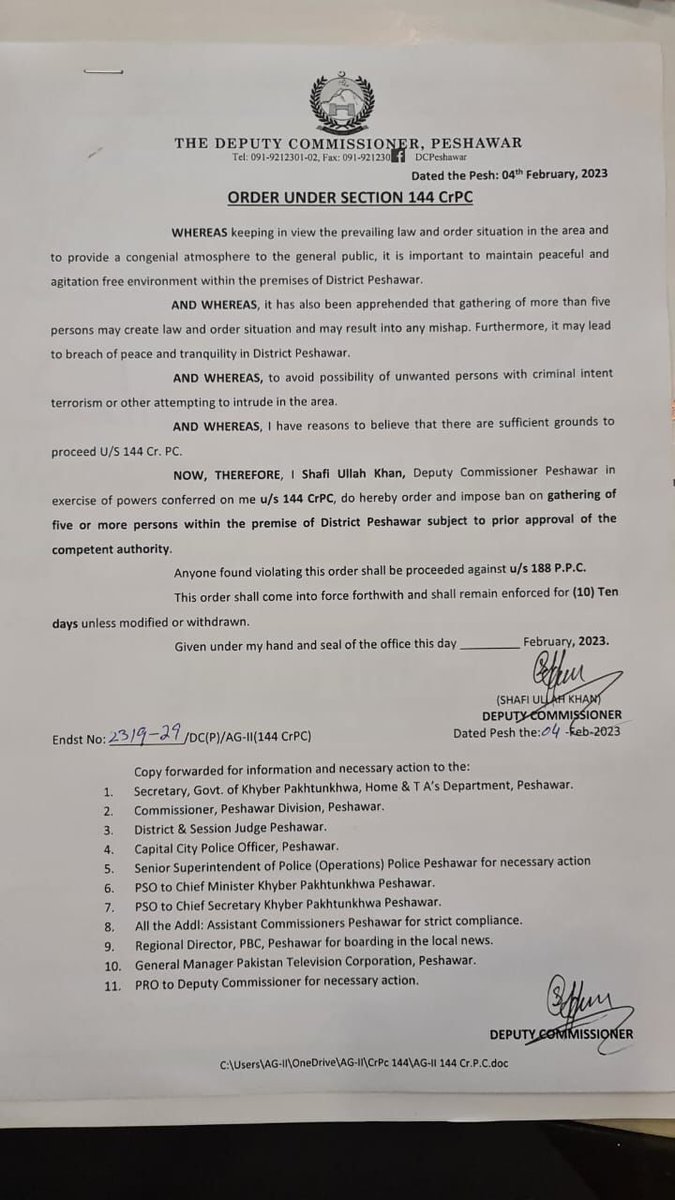 KPTribune's tweet photo. Section 144 imposed in Peshawar district due to security concerns, - Deputy Commissioner Peshawar.

#Peshawar #KP https://t.co/UUG2e7U2Rs