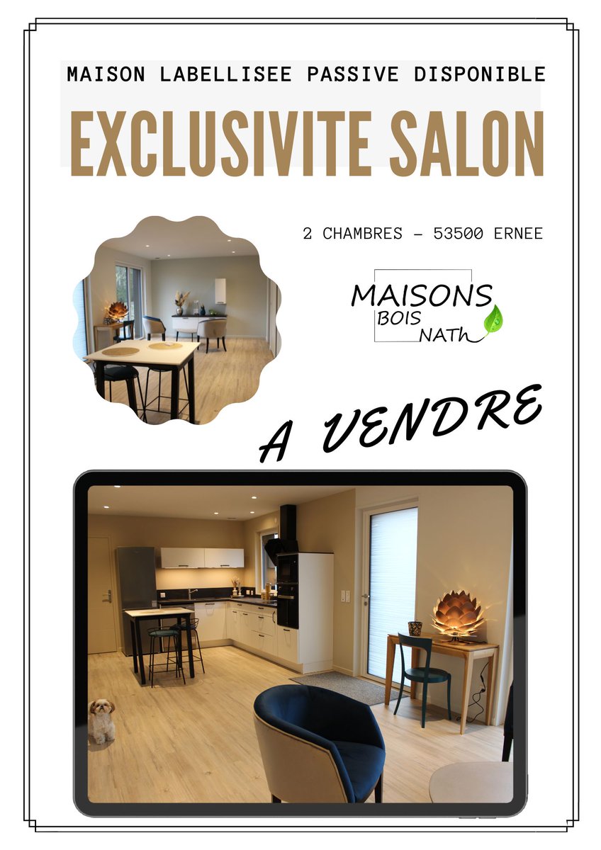 OFFRE  salon de la Maison de Laval : 
Vente directe notre première maison bois labellisée MAISON PASSIVE 

Elle est située à Ernéev- cuisine entièrement aménagée compris électroménagé - DPE A avec coût annuel énergétique estimé à moins de 370€ par an !

189 000 € net vendeur