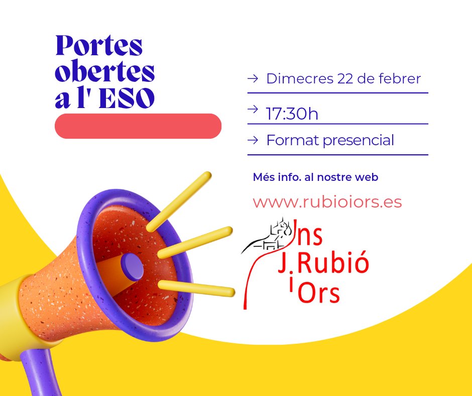 Coneixes el Rubió? El proper dimecres 22 de febrer us esperem a les 17:30h per ensenyar-vos el nostre projecte educatiu i les nostres instal·lacions. #insjoaquimrubioiors #portesobertesaleso #sbciutateducadora