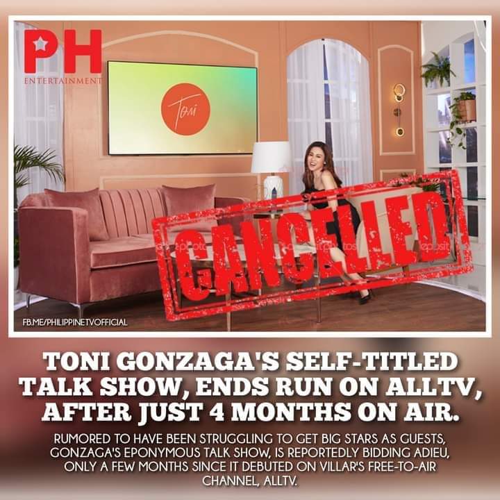 GilCaliwliw's tweet photo. JUST IN: Matapos ang apat na buwan lang sa ere, ipapatigil na umano ng ALLTV ang pagsasahimpapawid sa sariling talk show ni Toni Gonzaga. Isa ang programa sa mga flagship programs ng network na pansamantala muna umanong magpapaalam sa ere. Hindi malinaw kung makakabalik pa ba. https://t.co/OjMYSiSO9i