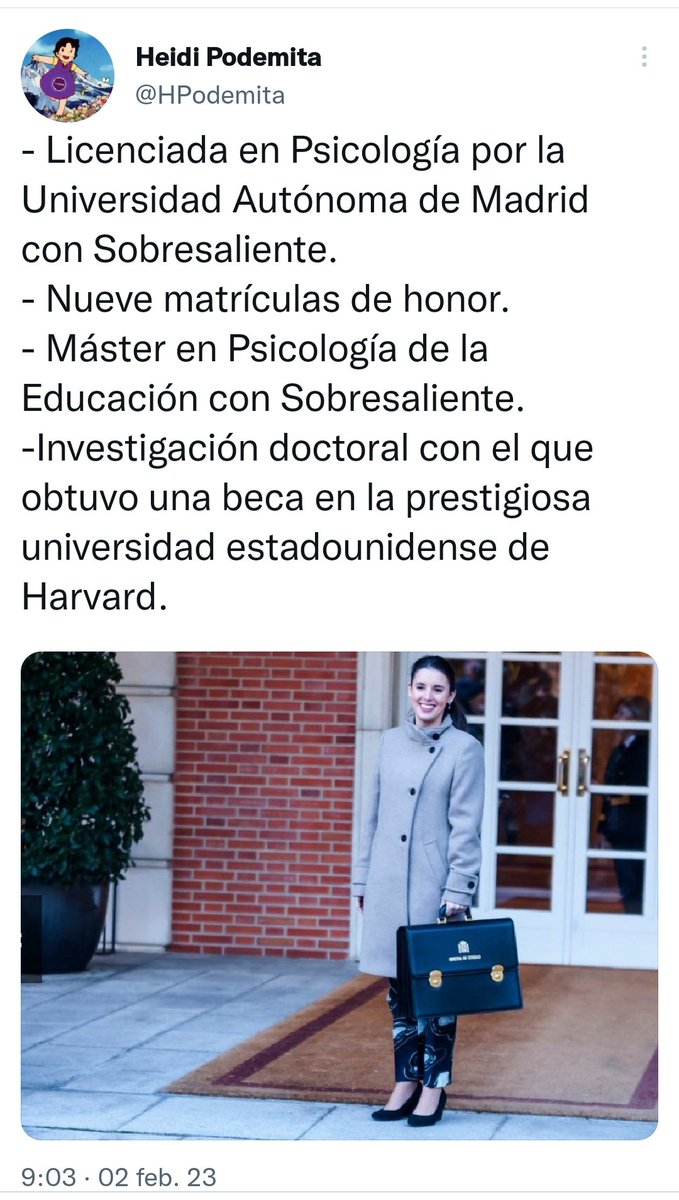 A la Heidi podemita ésta que le diga a alguien que Irene montero no sabe hablar inglés, y que por lo tanto no le otorgaron una beca desde Harvard. Le dieron una beca de formación del profesorado. El mismo bulo repetido una y otra vez.
#IreneMonteroDimision